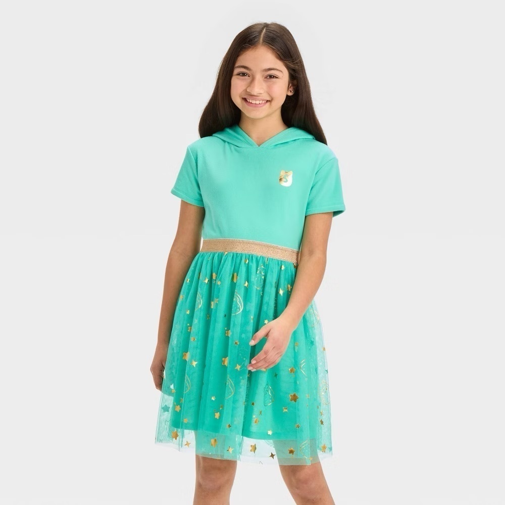NWT Owl SQUISHMALLOWS Teal Hooded Dress with Gold Star Accents size XL Kids